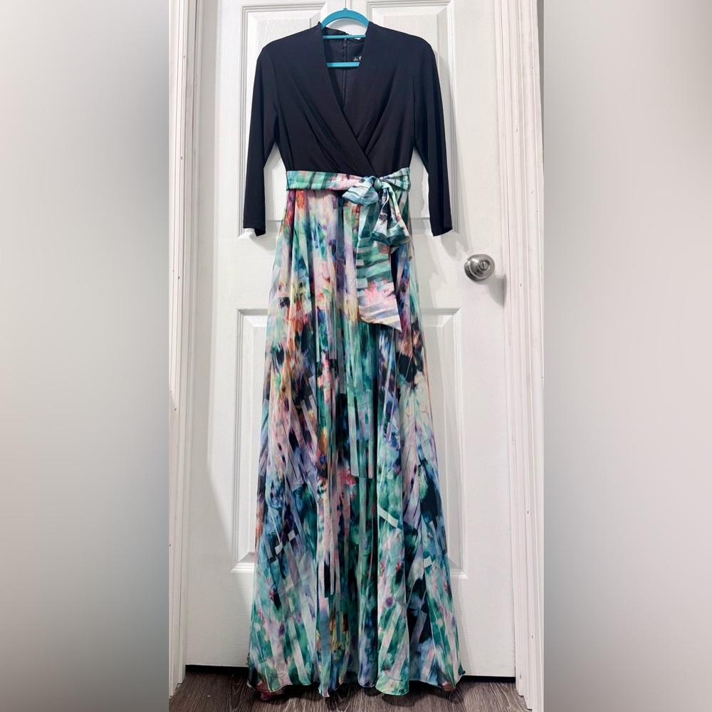 Leslie Fay Black 3/4 length sleeve and Multicolor Maxi Dress Gown NWOT